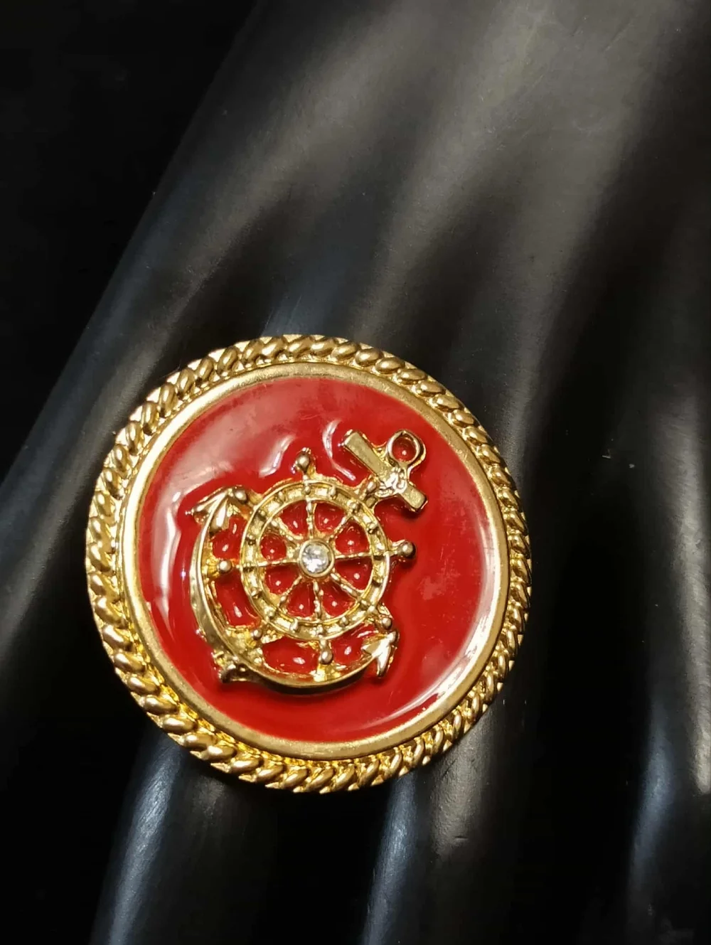 Vintage 80’s Nautical Ship Wheel Red Enamel Gold Tone Statement Ring Adjustable